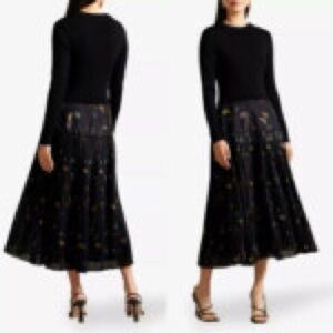 Ted Baker Black Midi Skirt with Gold & Blue Floral Accents